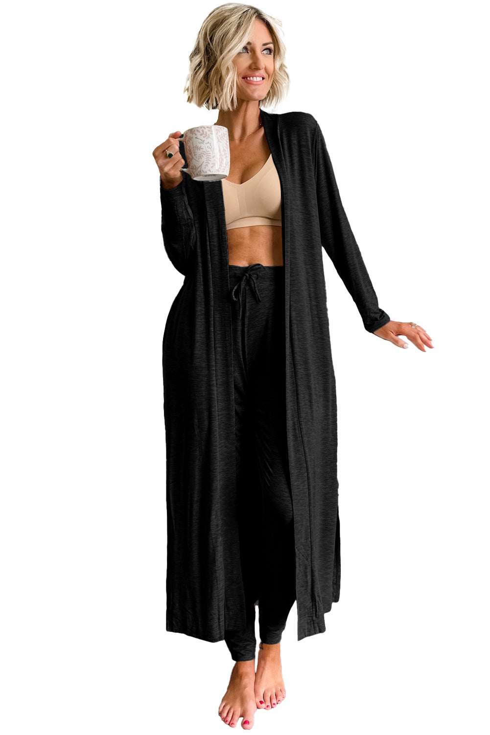 Black Split Long Cardigan and Skinny Pants Lounge Set