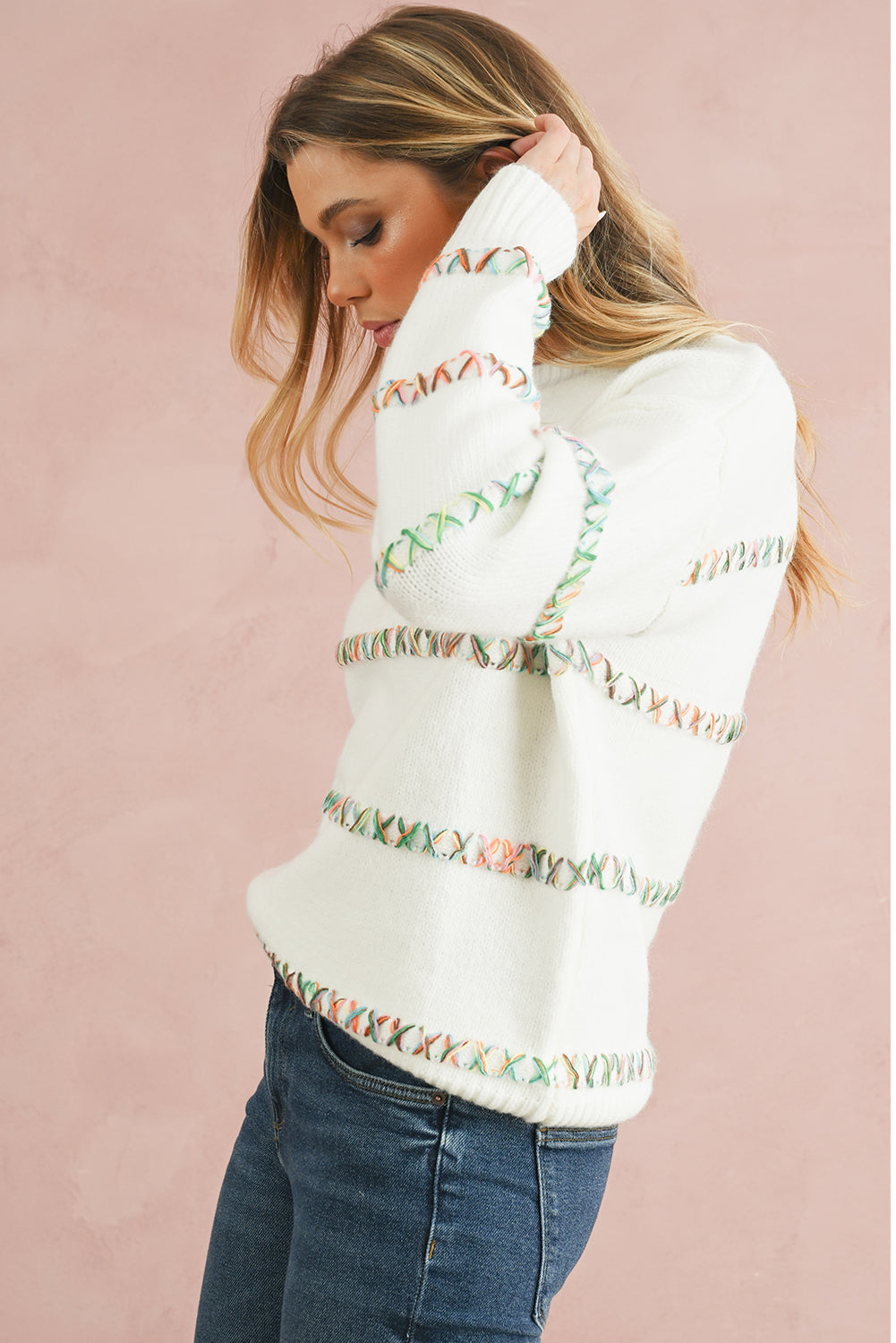 White Colorful Cross Stitch Drop Shoulder Sweater