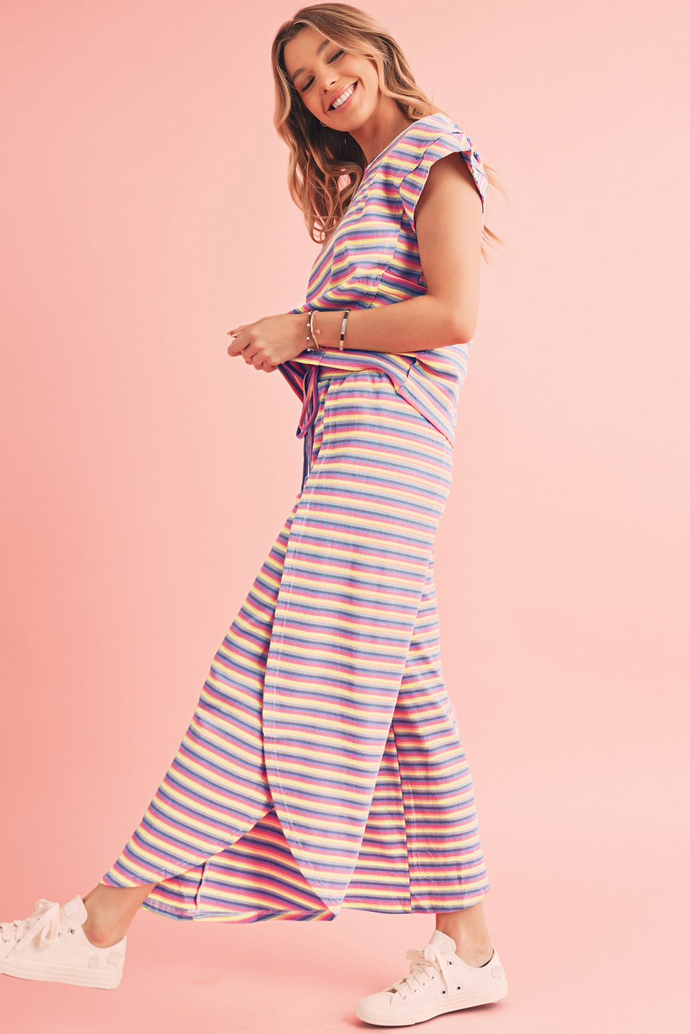 Pink Stripe Rainbow Tee and Tassel Drawstring Wide Leg Pants Set