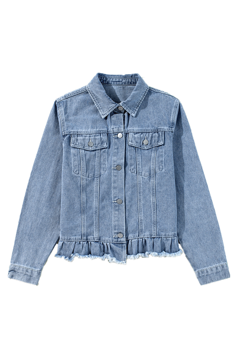 Navy Blue Ruffle Raw Hem Flap Pockets Denim Jacket