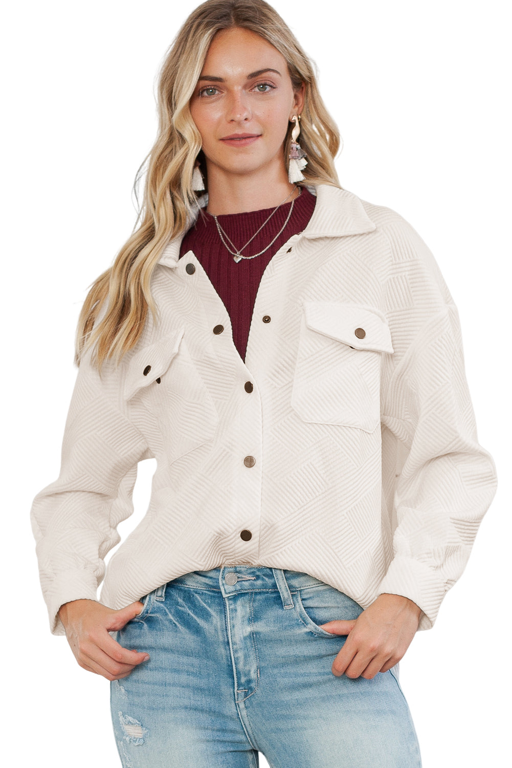 Beige Solid Textured Flap Pocket Buttoned Shacket