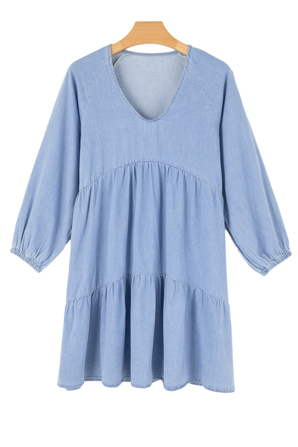 Beau Blue Puff Sleeve V Neck Tiered Ruffled Chambray Mini Dress