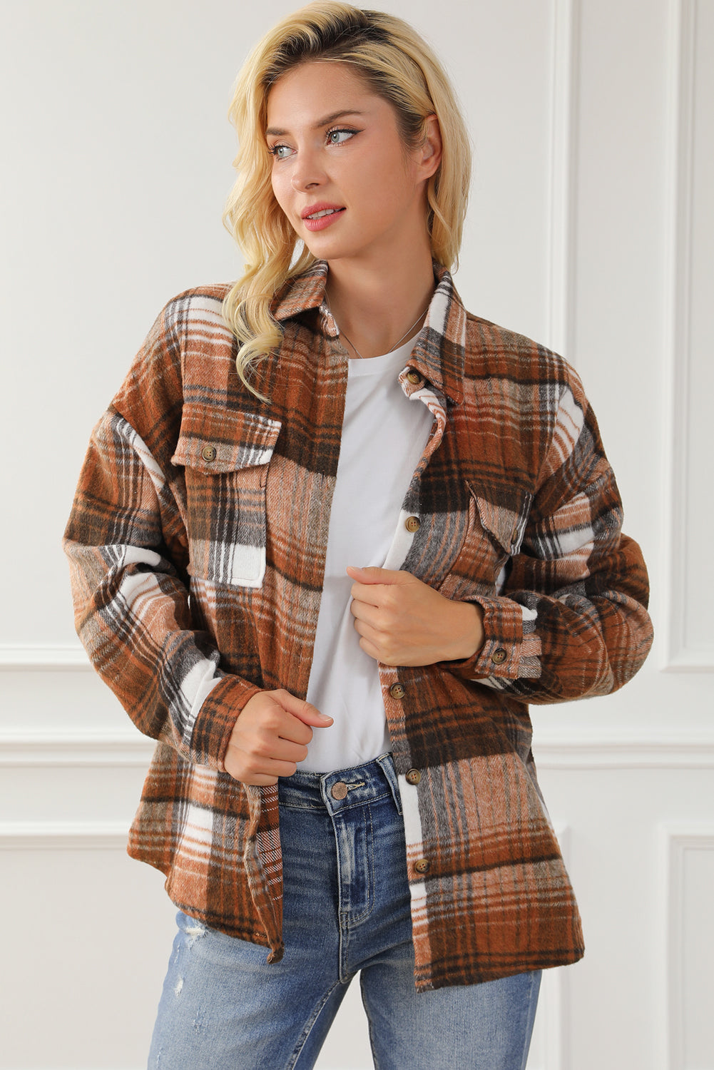 Pink & Grey Plaid Button Up Collared Flannel Shacket