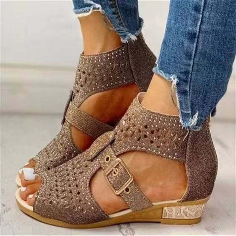 Women's Open Toe Rhinestone Wedge Hollow Sandals