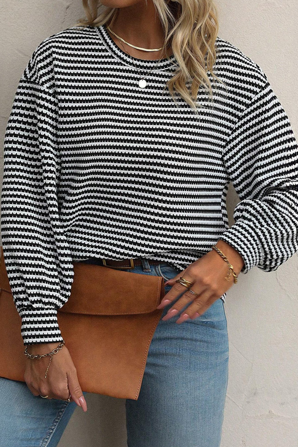 Black Stripe Round Neck Drop Shoulder Long Sleeve Top