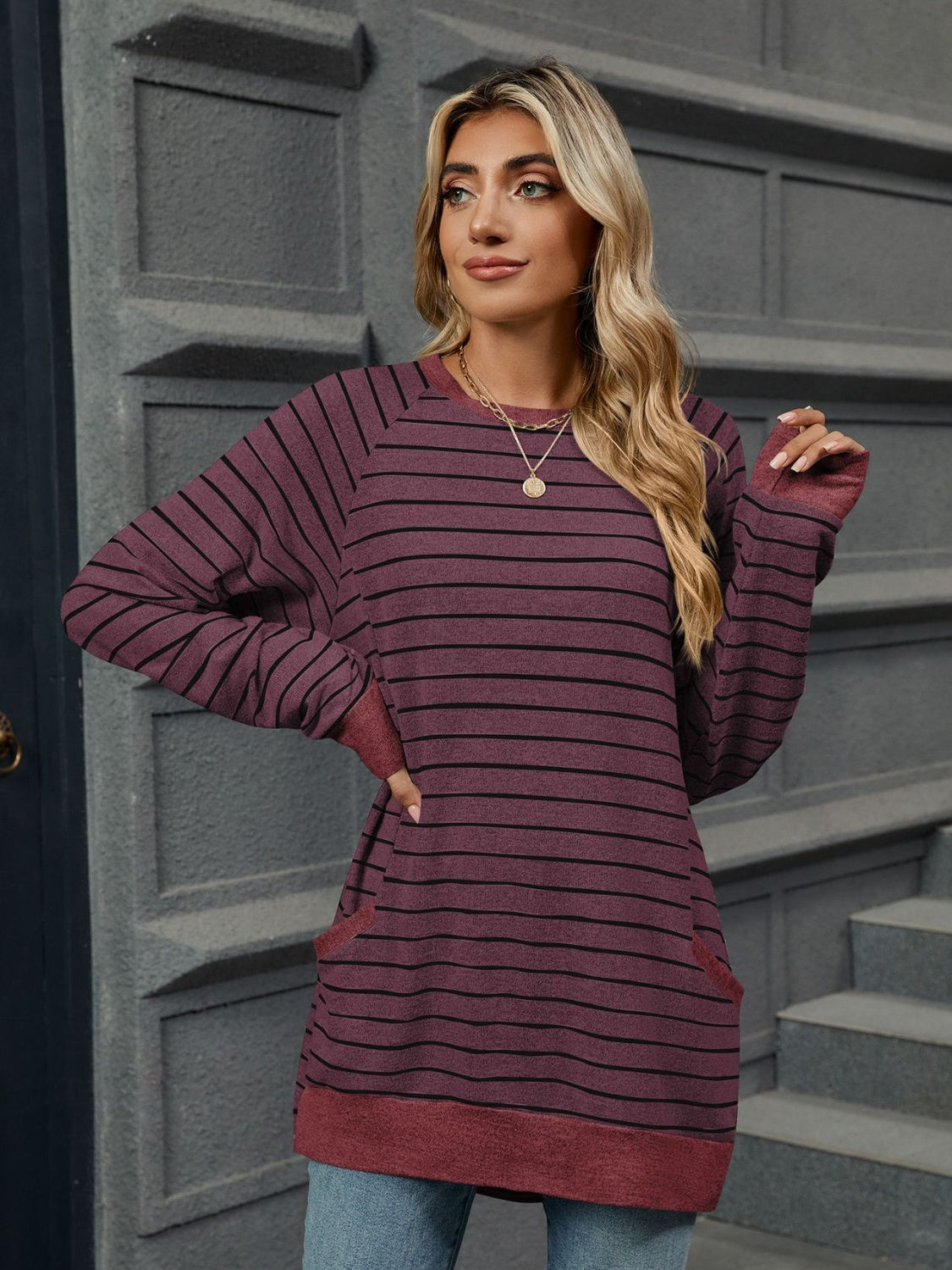 Pocketed Striped Round Neck Long Sleeve T-Shirt