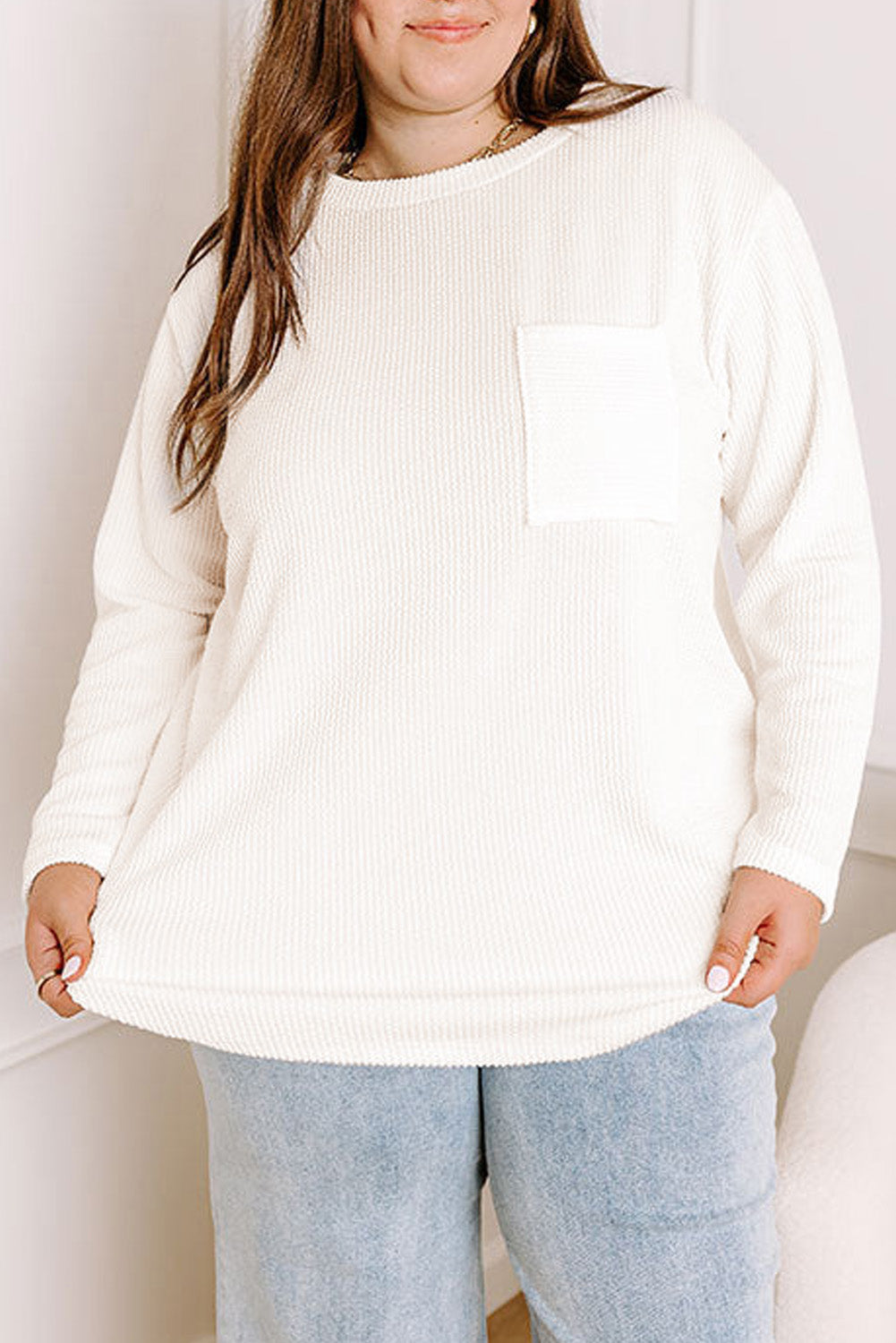 Myosotis Plus Size Ribbed Textured Pocketed Long Sleeve Top