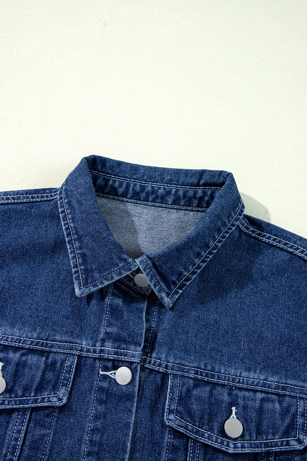 Navy Blue Ruffle Raw Hem Flap Pockets Denim Jacket