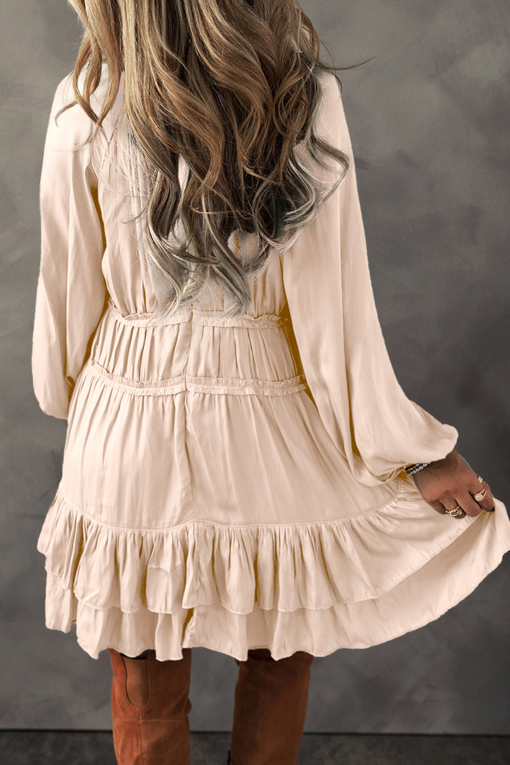 Apricot Tiered Ruffled Puff Sleeve Loose Fit Mini Dress