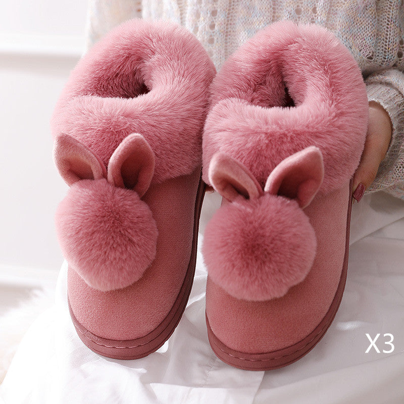 Autumn Winter Cotton Slippers Fur Rabbit Home Warm Thick Bottom Indoor Cotton Shoes Womens Slippers Cute Fluffy Cat Slippers