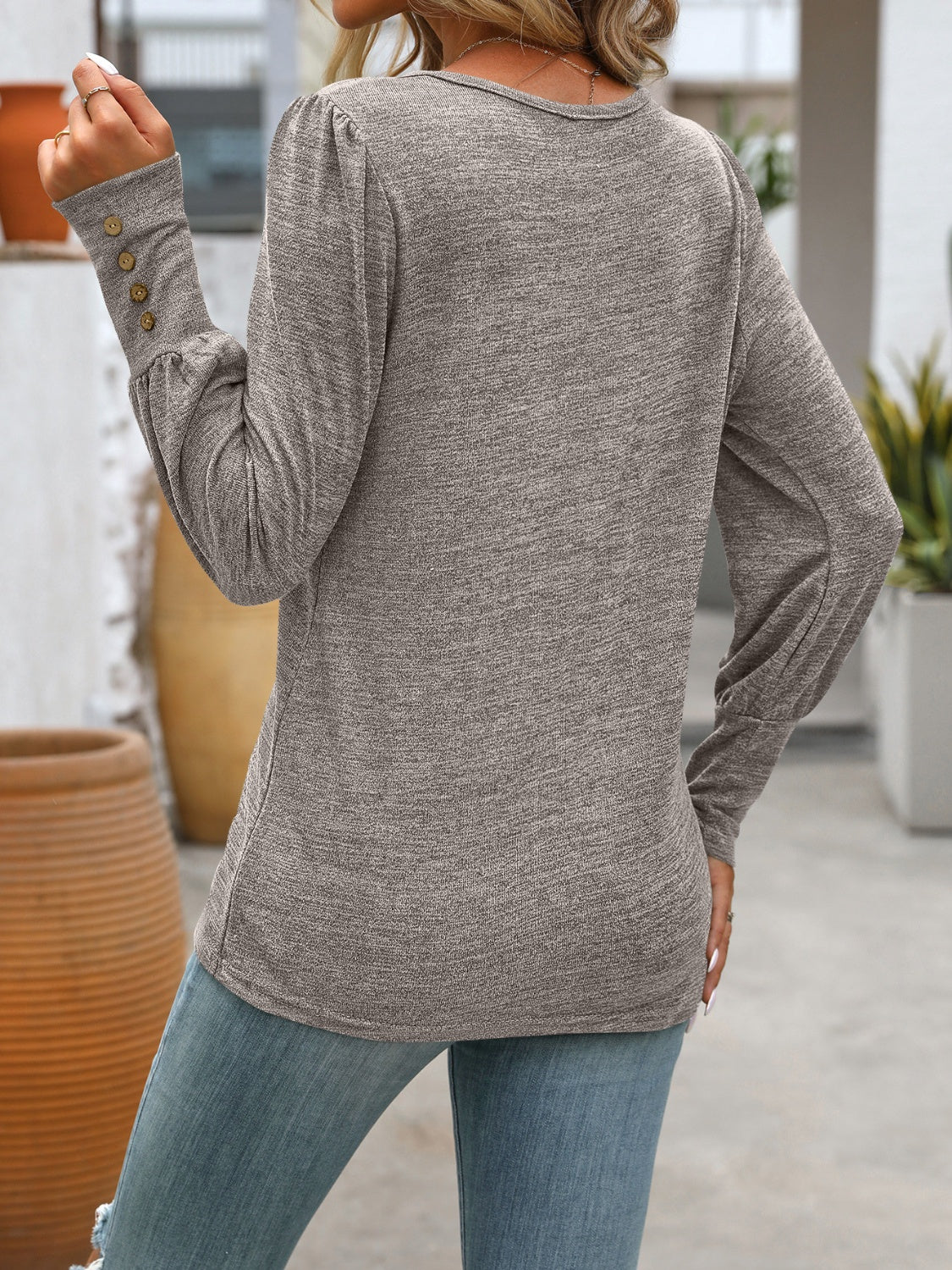 Decorative Button Round Neck Long Sleeve T-Shirt