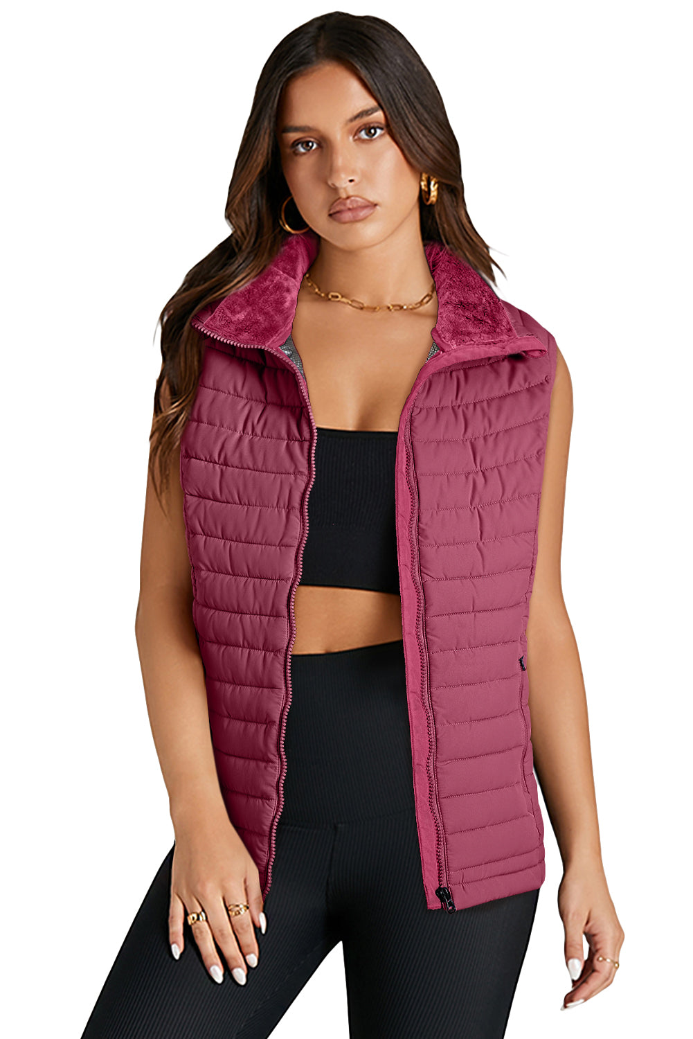 Sky Blue Plush Collared Quilted Zipped Puffer Vest