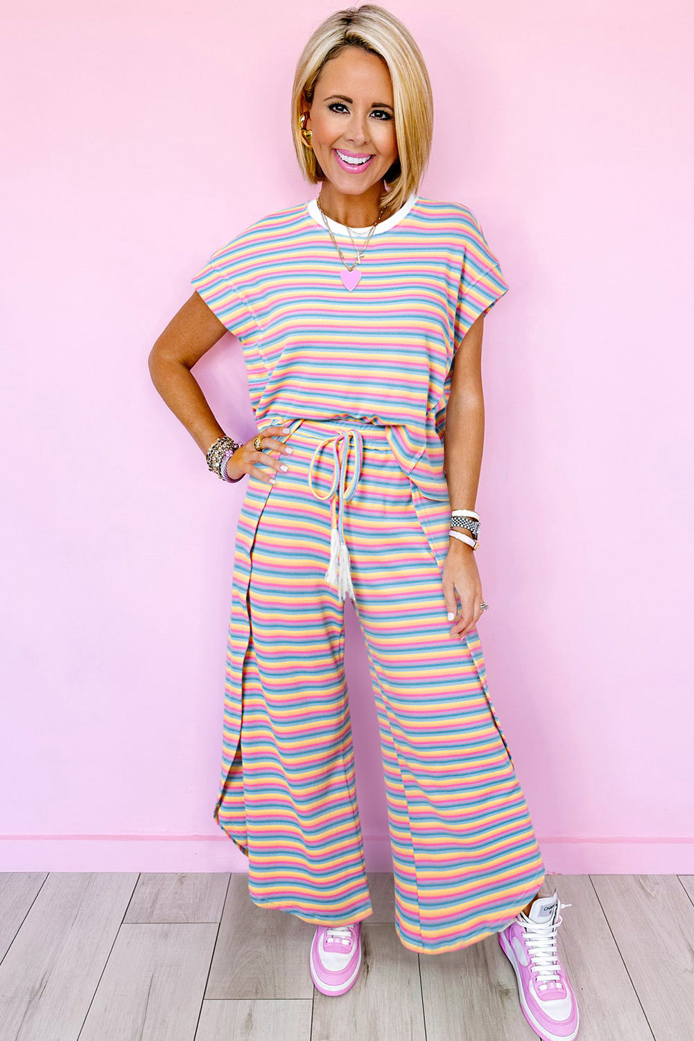 Pink Stripe Rainbow Tee and Tassel Drawstring Wide Leg Pants Set