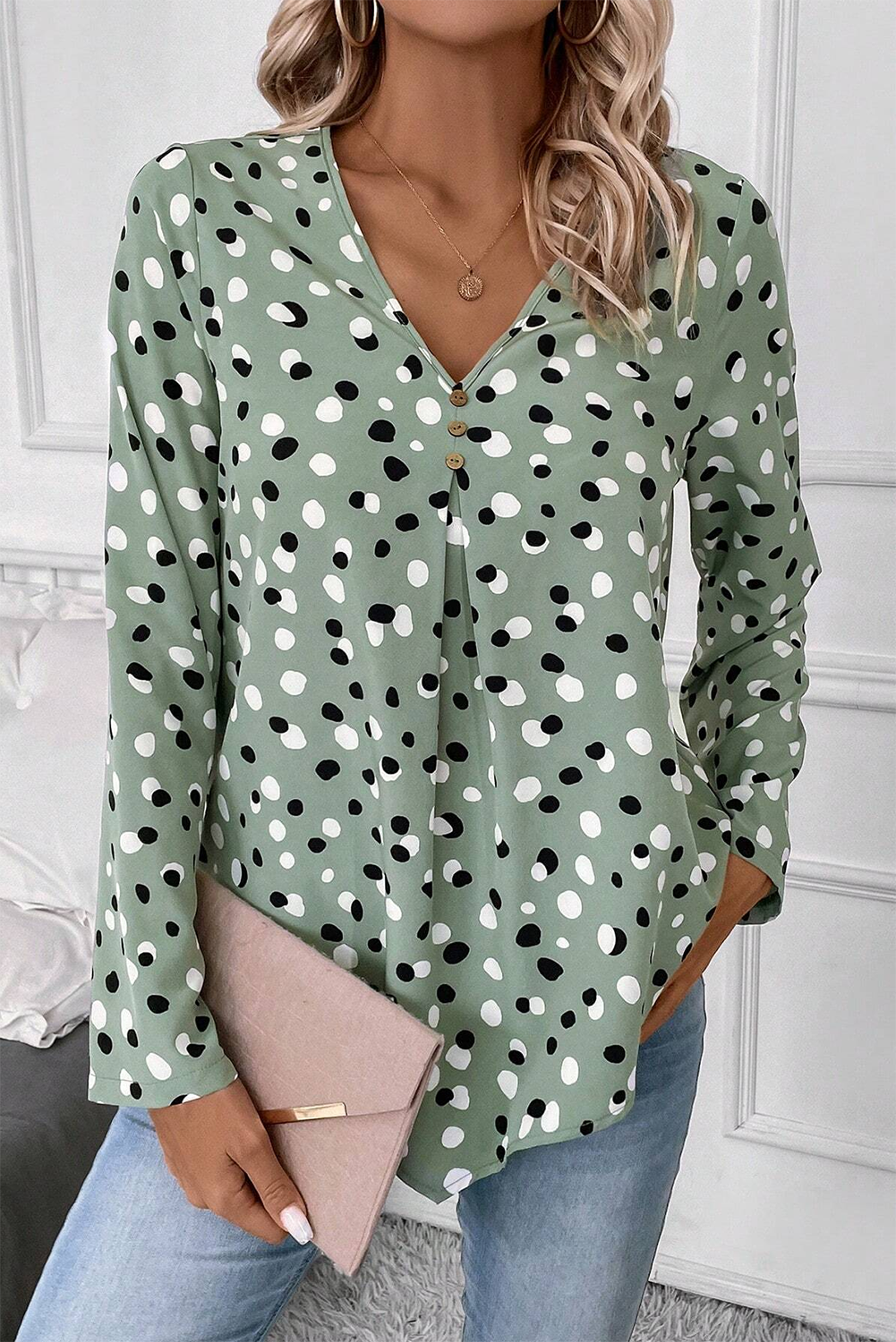 Green Dotted Print Button Front V Neck Blouse