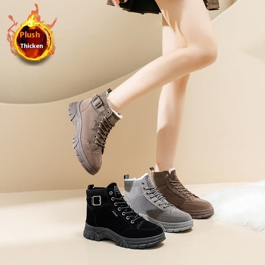 Women's Cotton-padded Shoes Round Toe Thick Bottom Fleece-lined Warm Suede Boots