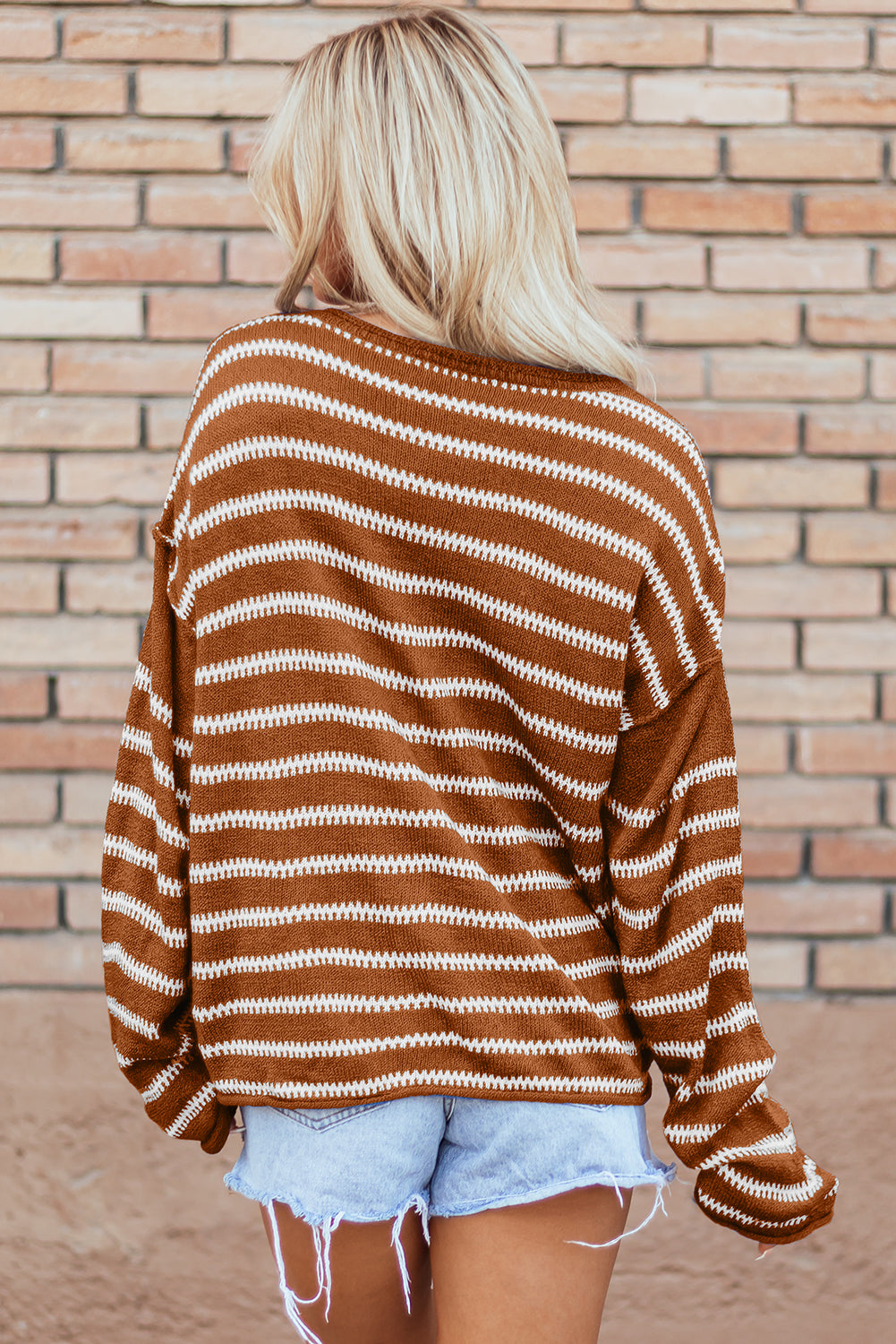 Green Stripe Casual Stripe Round Neck Drop Shoulder Sweater