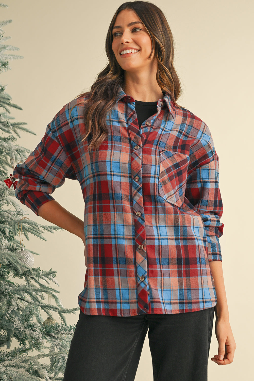 Red Plaid Print Drop Sleeve Loose Shirt