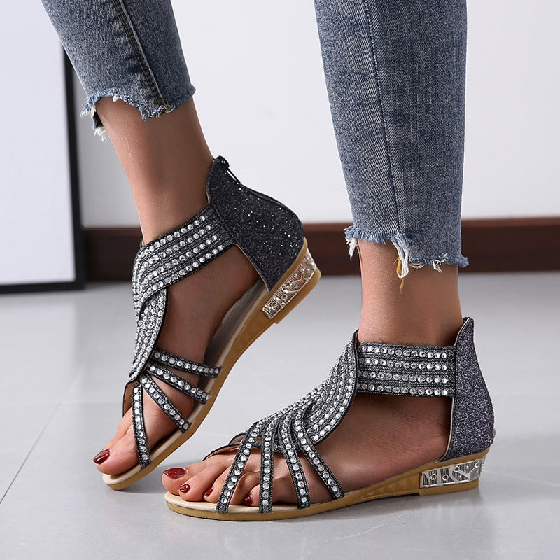 Women's Open Toe Rhinestone Wedge Hollow Sandals