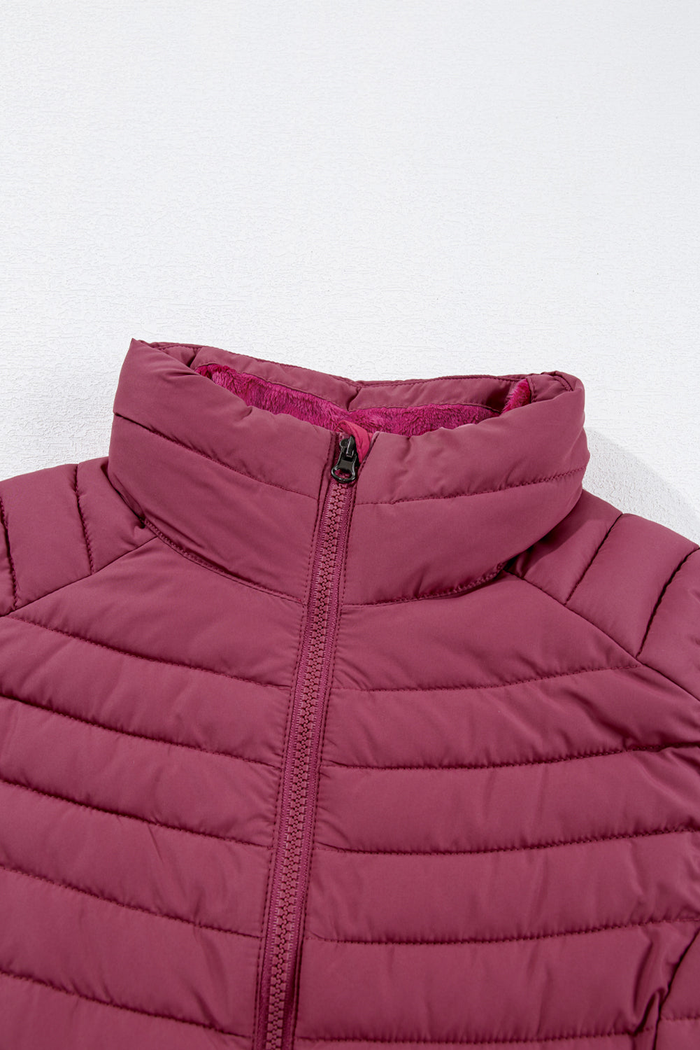 Burgundy Plush Collared Quilted Zipped Puffer Vest