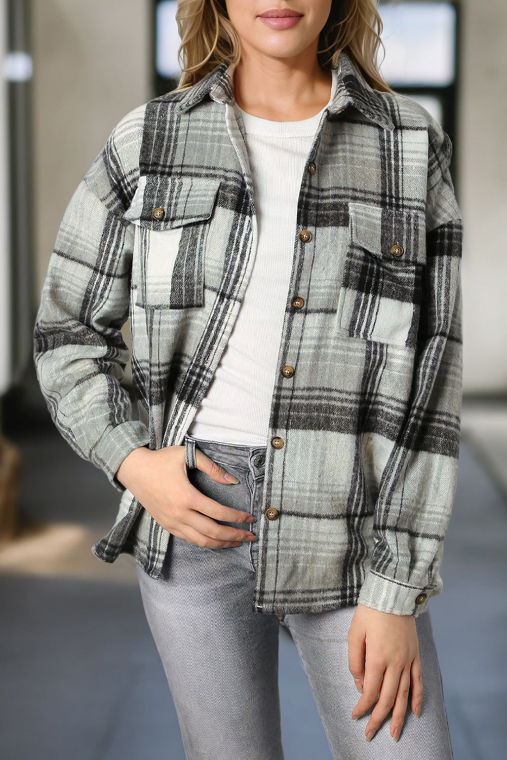 Pink & Grey Plaid Button Up Collared Flannel Shacket