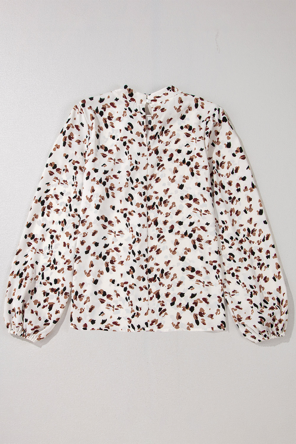 White Leopard Print Puff Sleeve Mock Neck Pleated Blouse