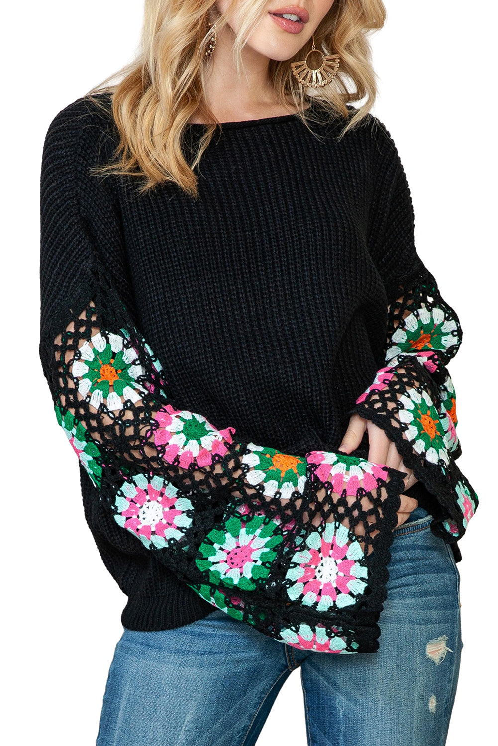 Black Floral Crochet Bell Sleeve Loose Knit Sweater