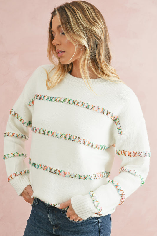 White Colorful Cross Stitch Drop Shoulder Sweater