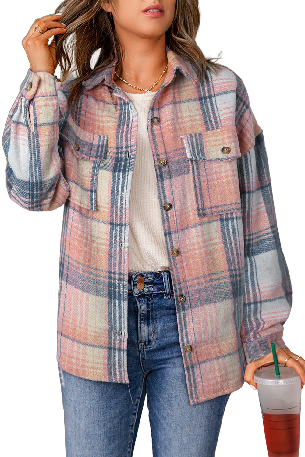 Pink & Grey Plaid Button Up Collared Flannel Shacket