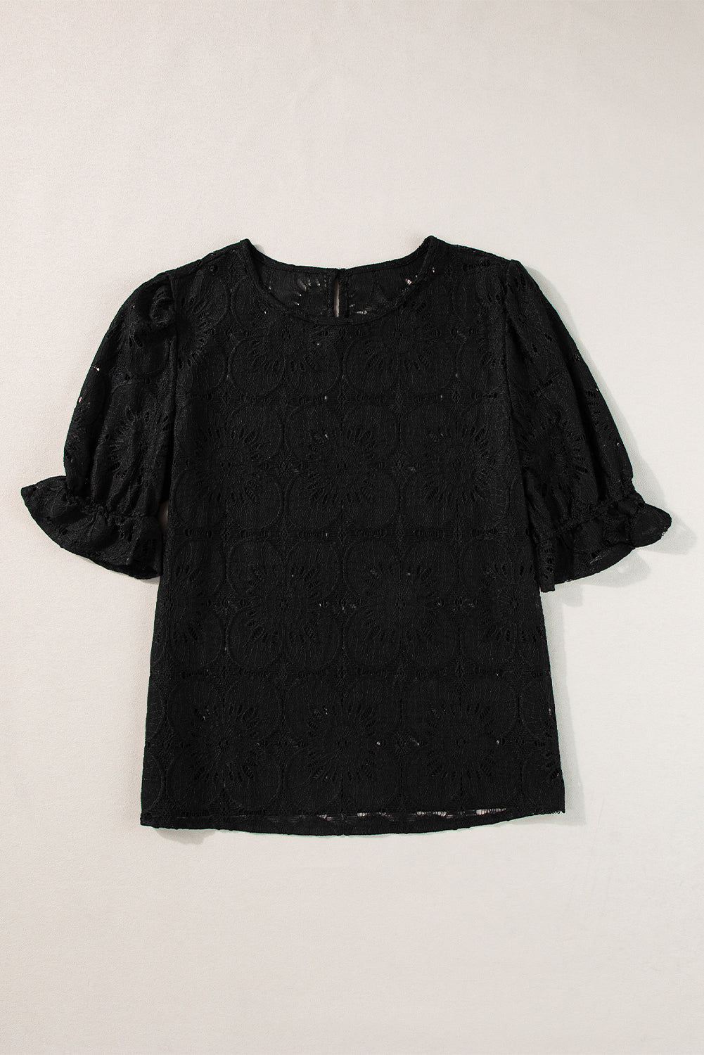 Black Flower Eyelet Jacquard Keyhole Flounce Sleeve Top