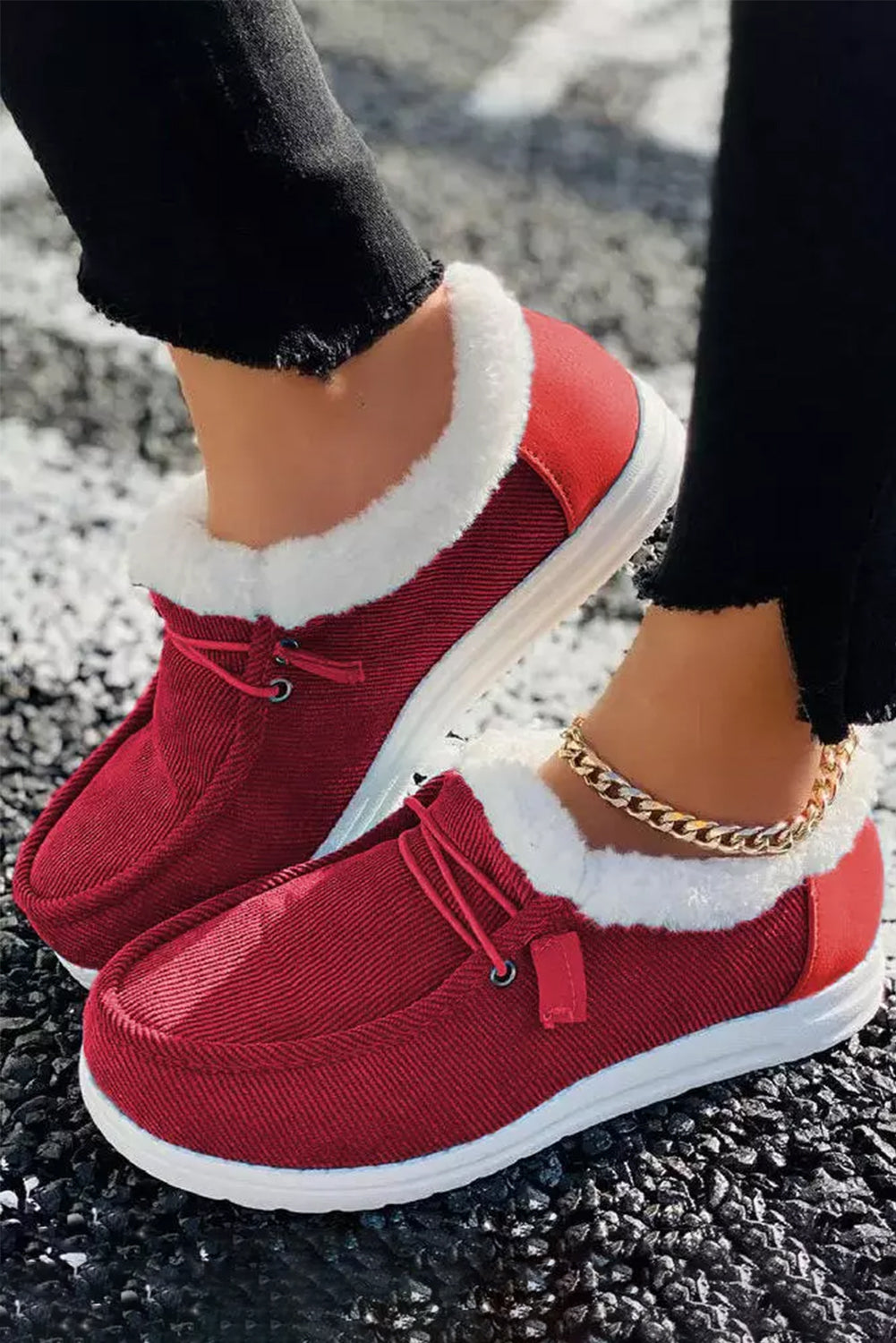 Fiery Red Corduroy Drawstring Plush Slip on Shoes