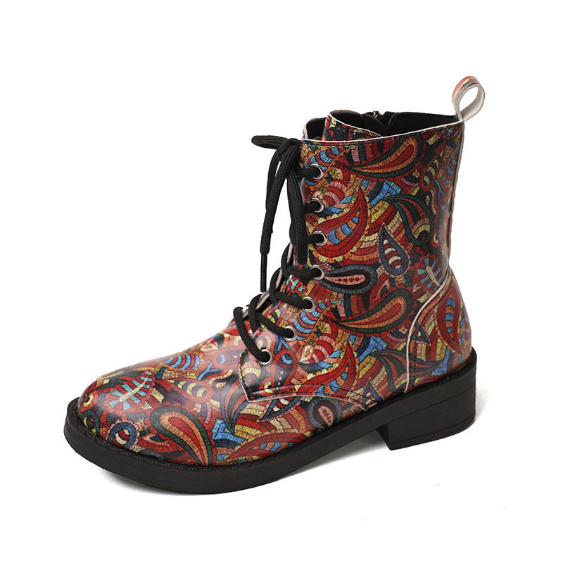 Autumn And Winter New Martin Boots Women's Printing Lace-up Platform