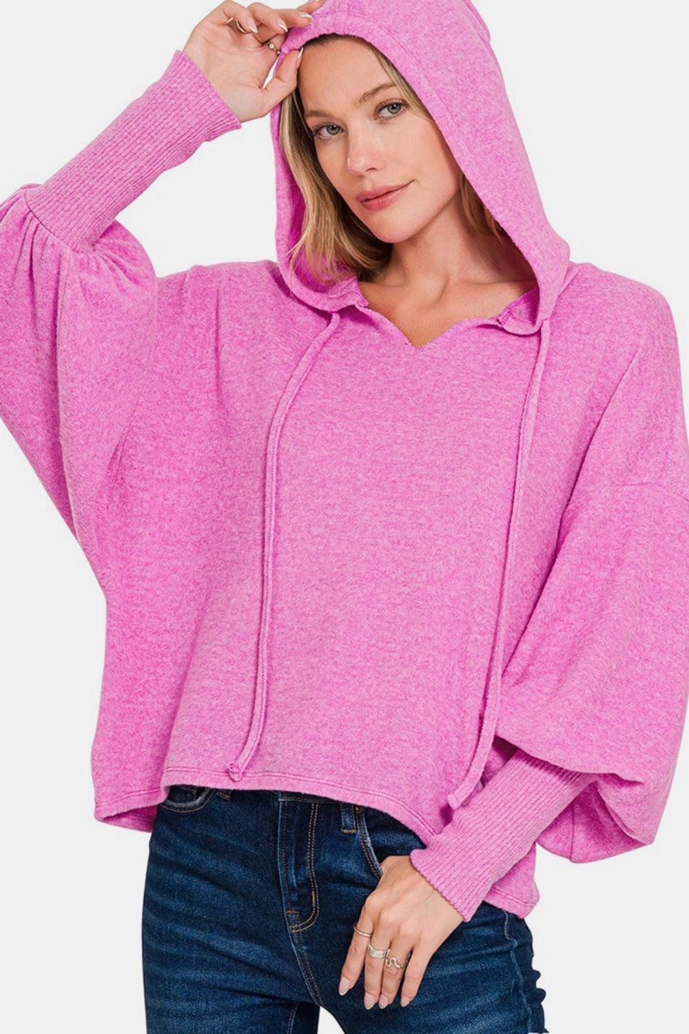 Zenana Brushed Hacci Drop Shoulder Cropped Hoodie