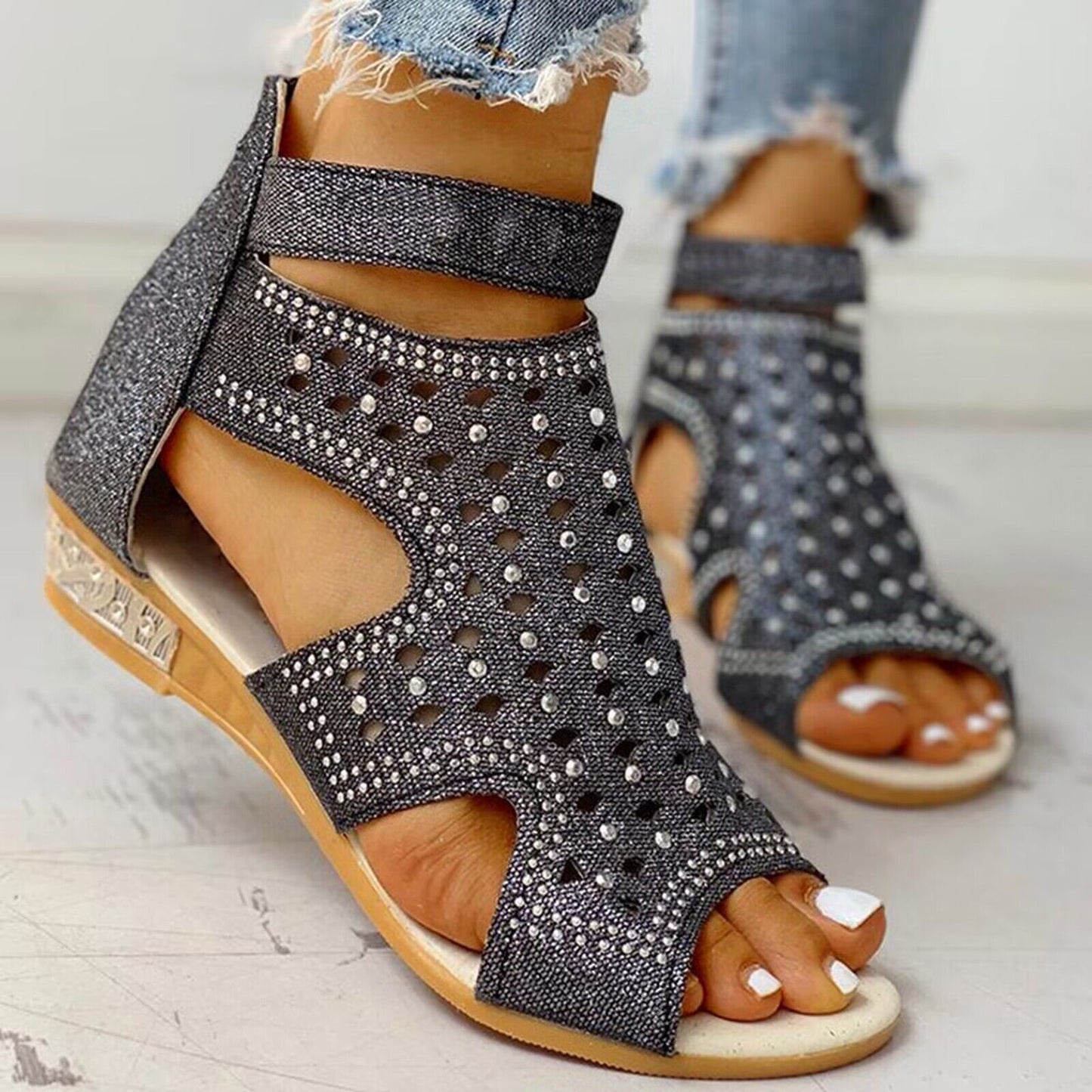 Women's Open Toe Rhinestone Wedge Hollow Sandals