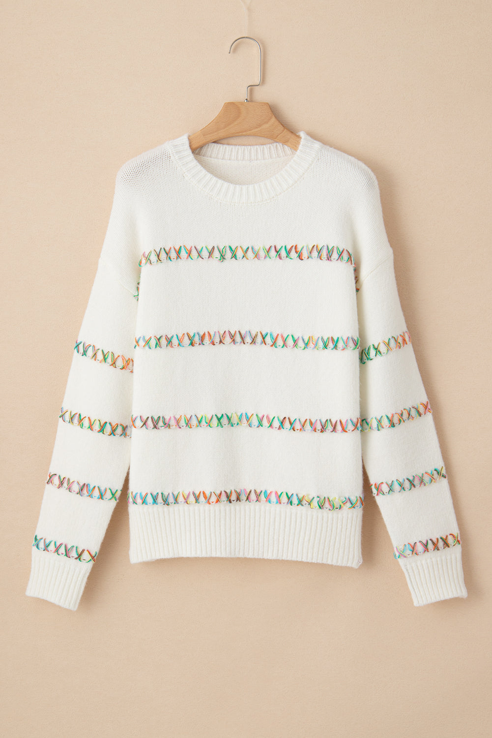 White Colorful Cross Stitch Drop Shoulder Sweater