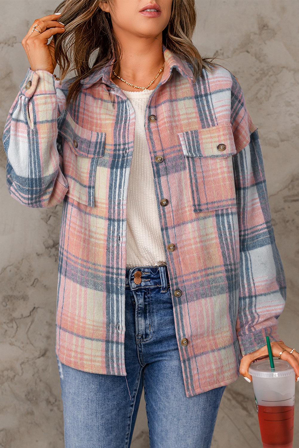 Pink & Grey Plaid Button Up Collared Flannel Shacket