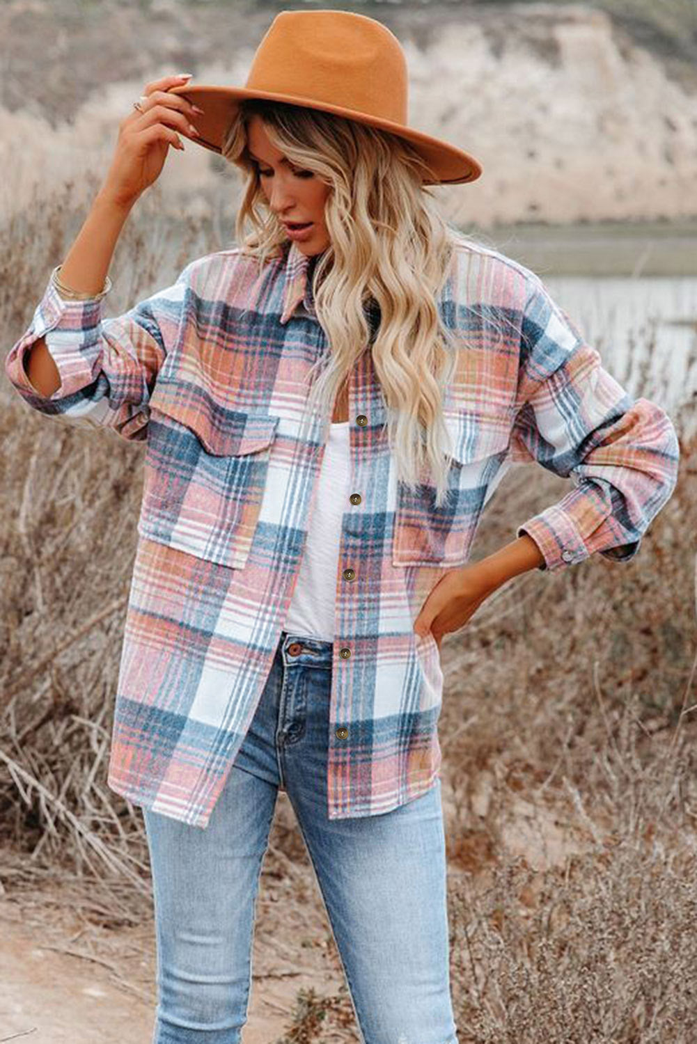 Pink & Grey Plaid Button Up Collared Flannel Shacket