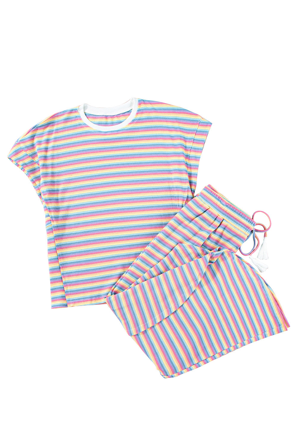 Pink Stripe Rainbow Tee and Tassel Drawstring Wide Leg Pants Set