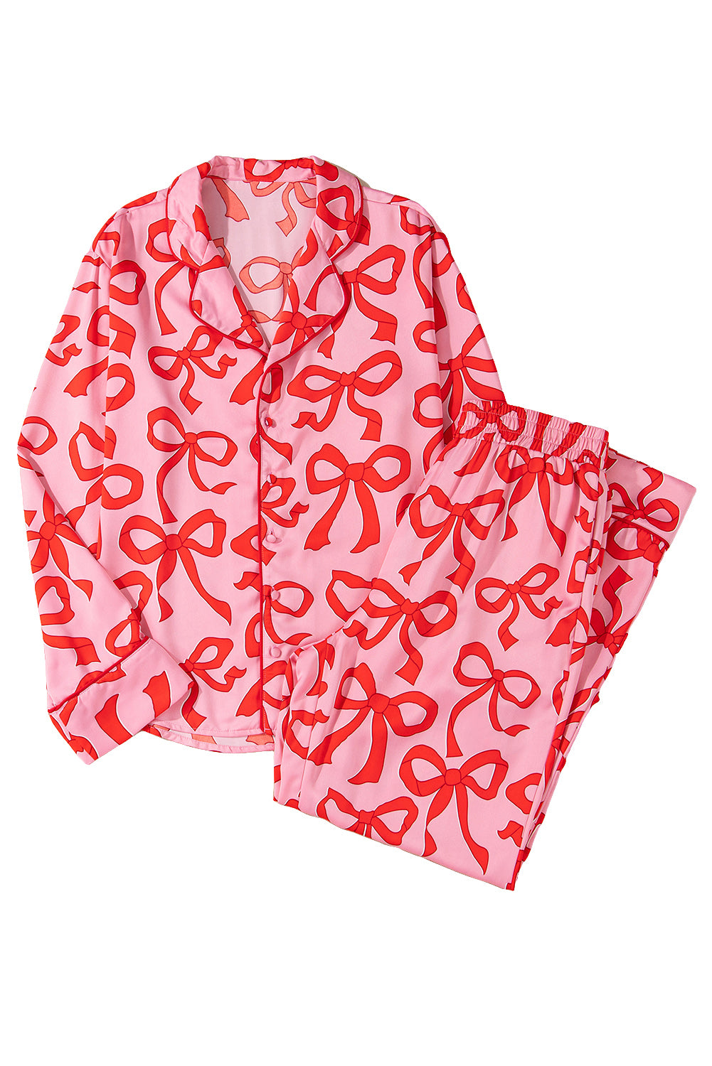 Pink 2pcs Bow Print Shirt Style Long Sleeve Pajama Set