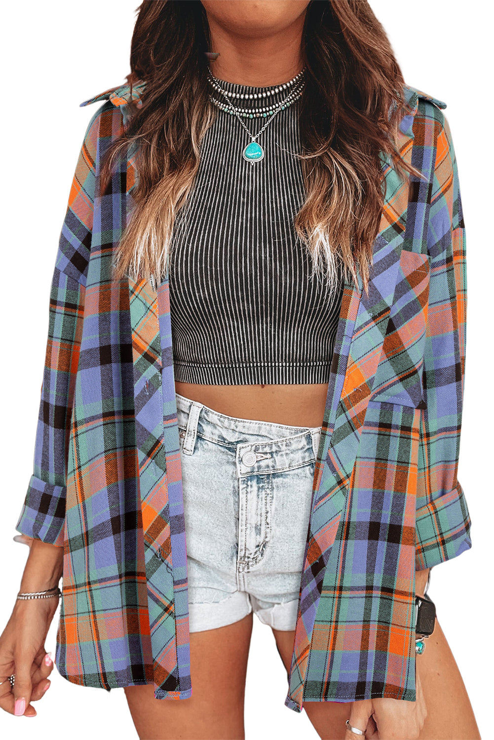 Red Plaid Print Drop Sleeve Loose Shirt