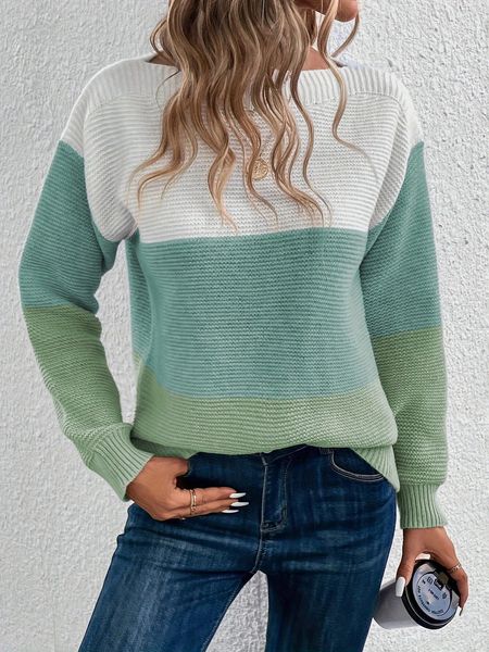 Women' s Sweater Fall Fashion Casual Rib-Knit Colorblock Drop Shoulder Sweater Long Sleeve Sweater HEHB5CUZX8