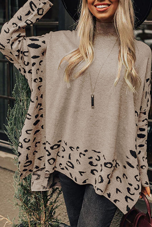 Khaki Leopard Casual Side Slit High Neck Oversized Sweater