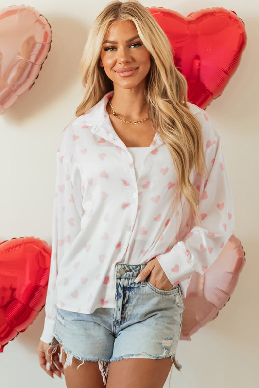 White Love Heart Print Drop Shoulder Puff Sleeve Shirt