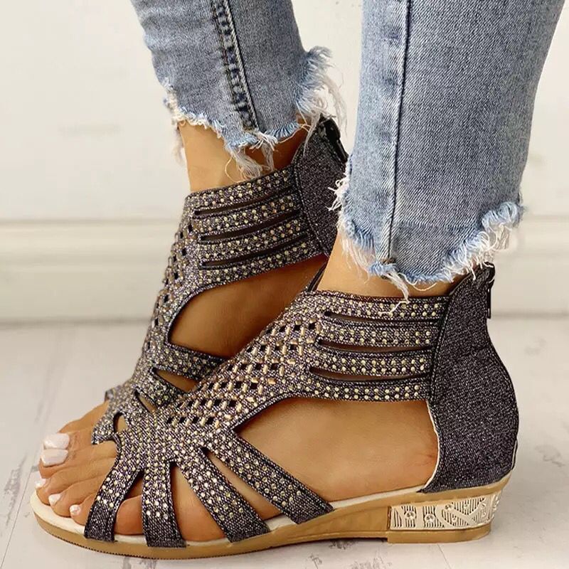 Women's Open Toe Rhinestone Wedge Hollow Sandals