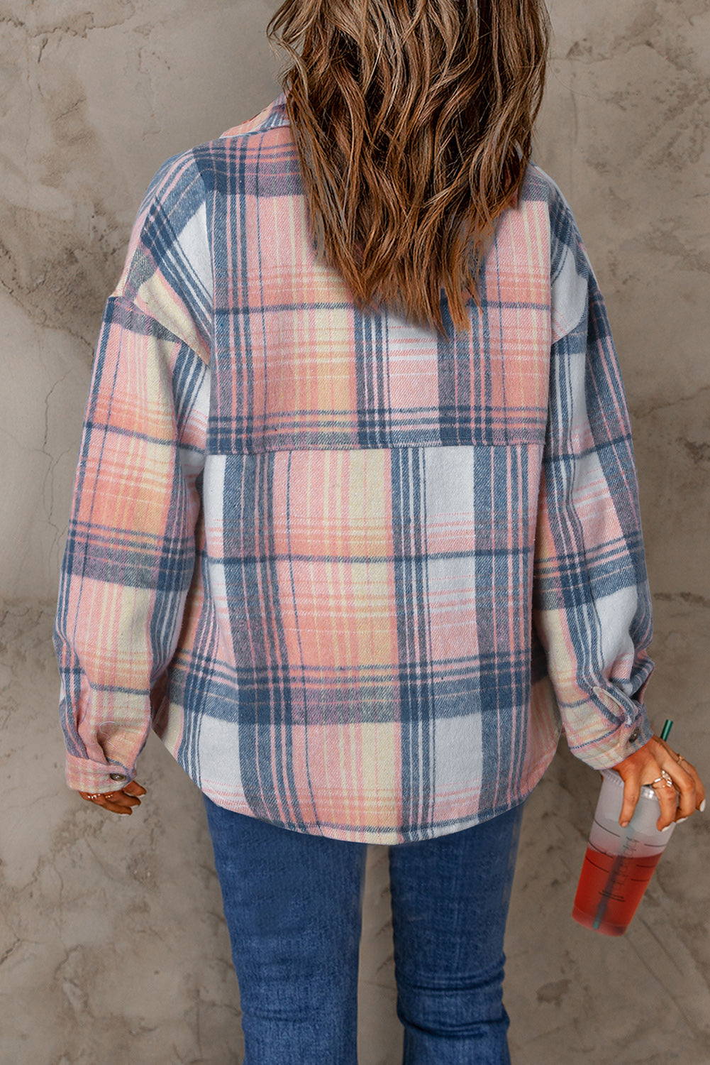 Pink & Grey Plaid Button Up Collared Flannel Shacket