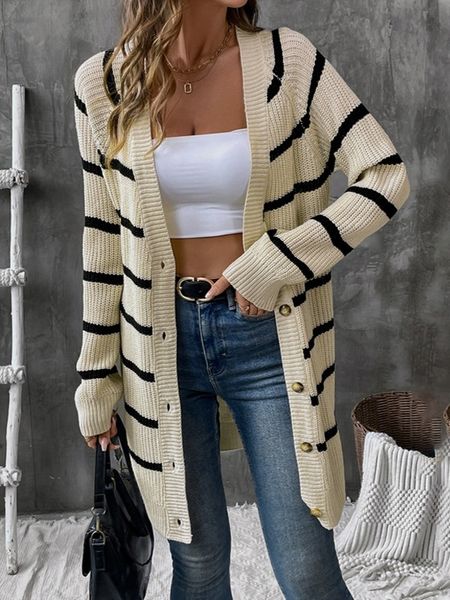 Women's Casual Long Sleeved Striped Open Front Versatile Sweater HEBFABQYV7