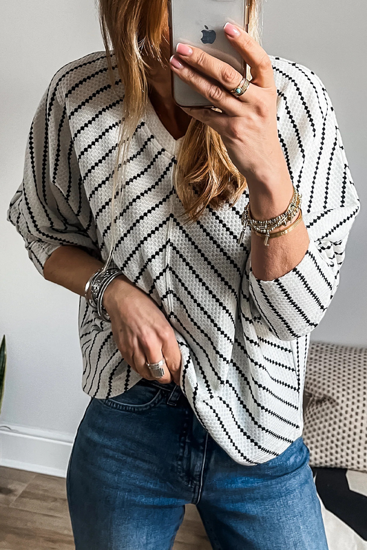 Black Stripe Chevron Striped V Neck Long Sleeve Casual Top