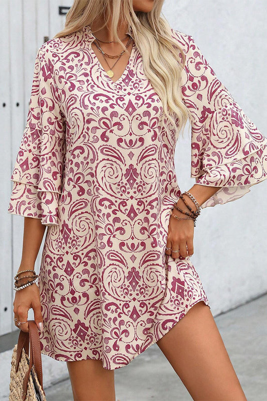 Pink Paisley Print Tiered 3/4 Sleeve Notched Neck Mini Dress