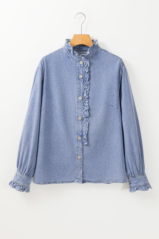 Beau Blue Ruffled Long Sleeve Buttoned Denim Shirt