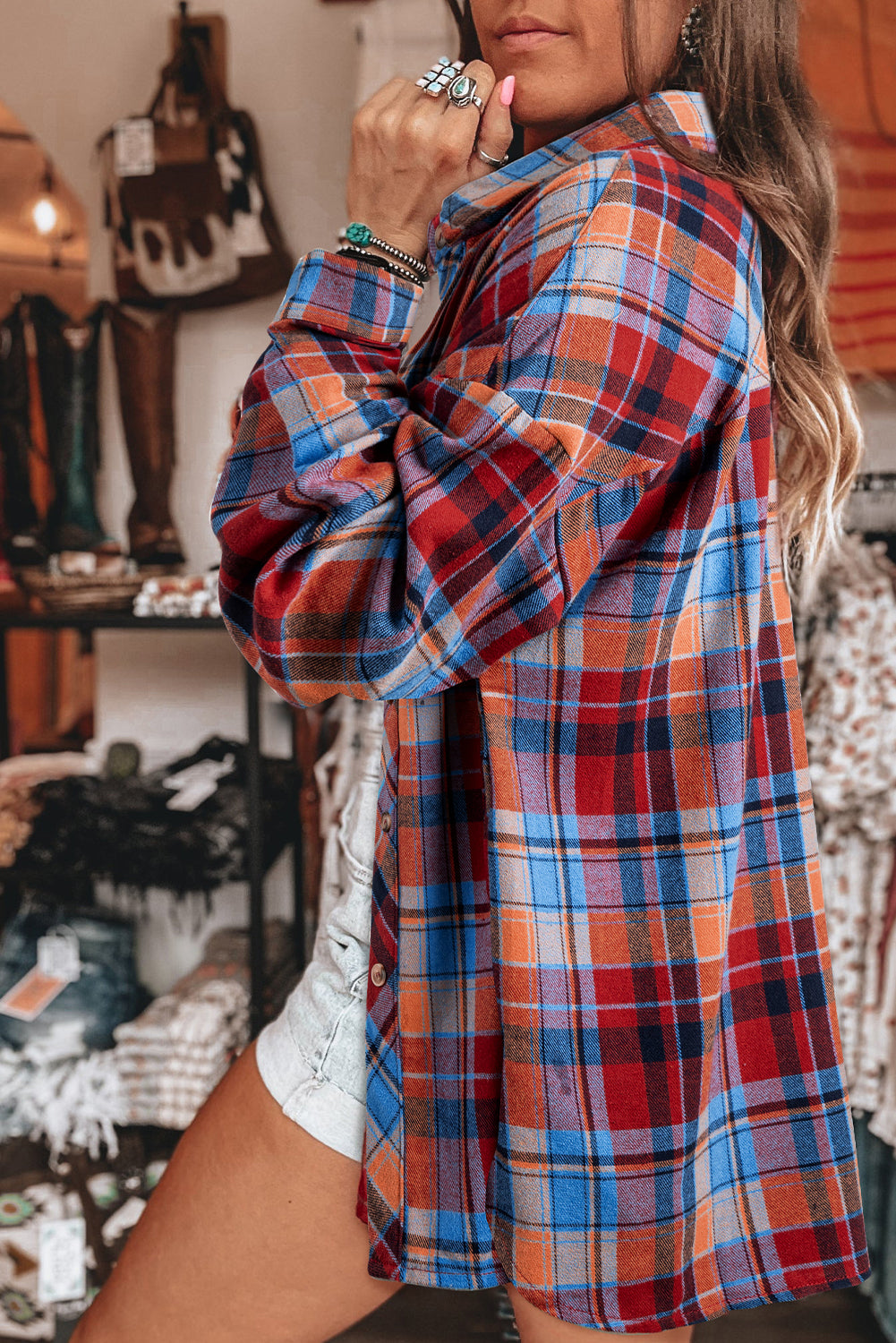 Red Plaid Print Drop Sleeve Loose Shirt