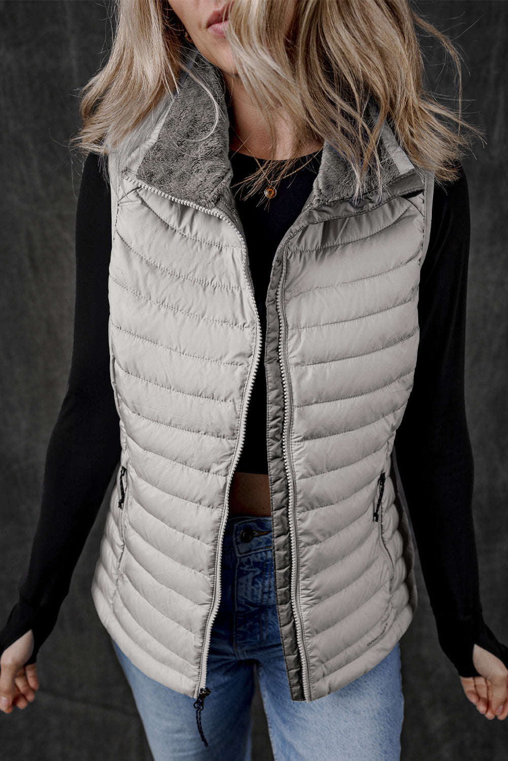 Sky Blue Plush Collared Quilted Zipped Puffer Vest